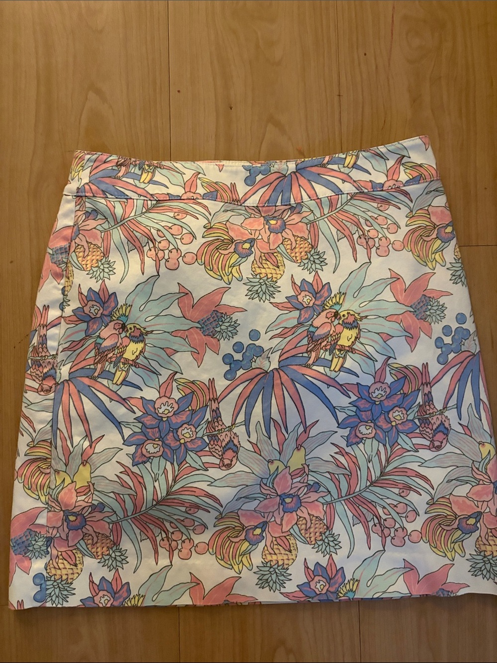 Talbots Tropical Parrot Print Mini Skirt in Pastel Pink, Blue, Yellow